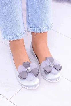 Damskie Boto Aksamitne Szare Baleriny Z Dużym Kwiatem Fumiko