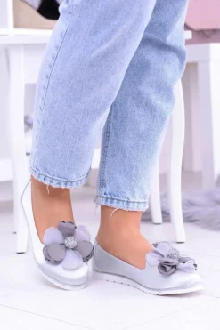 Damskie Boto Aksamitne Szare Baleriny Z Dużym Kwiatem Fumiko