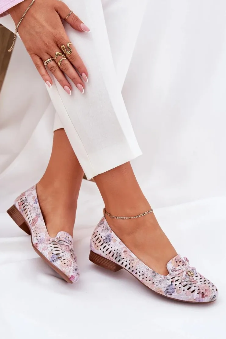 Clearance Boto Ażurowe Baleriny Z Kokardką W Kwiaty Eko Zamszowe Multikolor Amepitrea Wielokolorowy