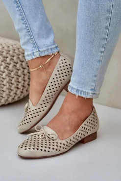 Damskie Boto Ażurowe Baleriny Z Kokardką Eko Skórzane Złote Relabra