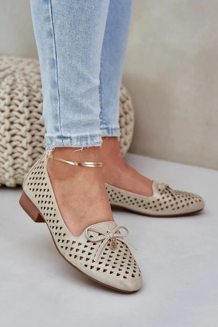 Damskie Boto Ażurowe Baleriny Z Kokardką Eko Skórzane Złote Relabra