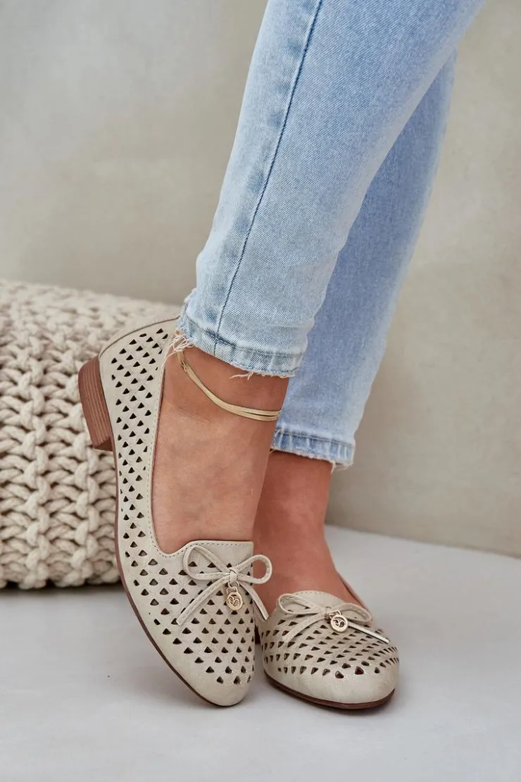 Damskie Boto Ażurowe Baleriny Z Kokardką Eko Skórzane Złote Relabra