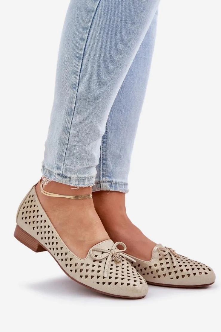 Damskie Boto Ażurowe Baleriny Z Kokardką Eko Skórzane Złote Relabra