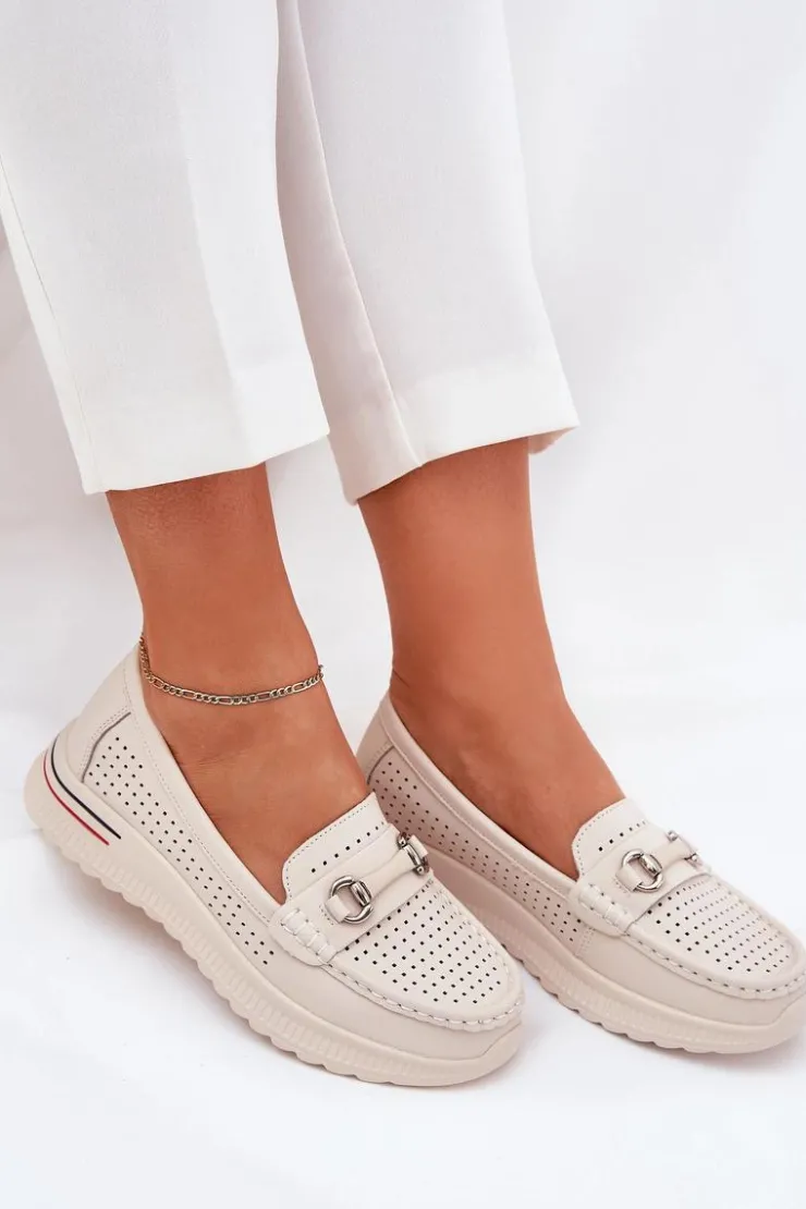 Buty damskie Vinceza Baleriny Skórzane|Baleriny Klasyczne*Ażurowe Baleriny Z Naturalnej Skóry Vinceza 95331 Beżowe