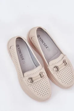 Buty damskie Vinceza Baleriny Skórzane|Baleriny Klasyczne*Ażurowe Baleriny Z Naturalnej Skóry Vinceza 95331 Beżowe