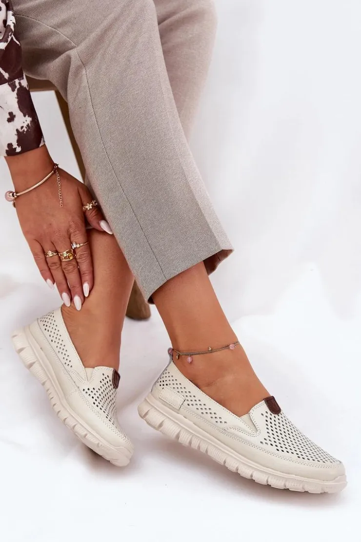 Damskie Buty damskie Vinceza Ażurowe Baleriny Ze Skóry Naturalnej Vinceza 95336 Beżowe