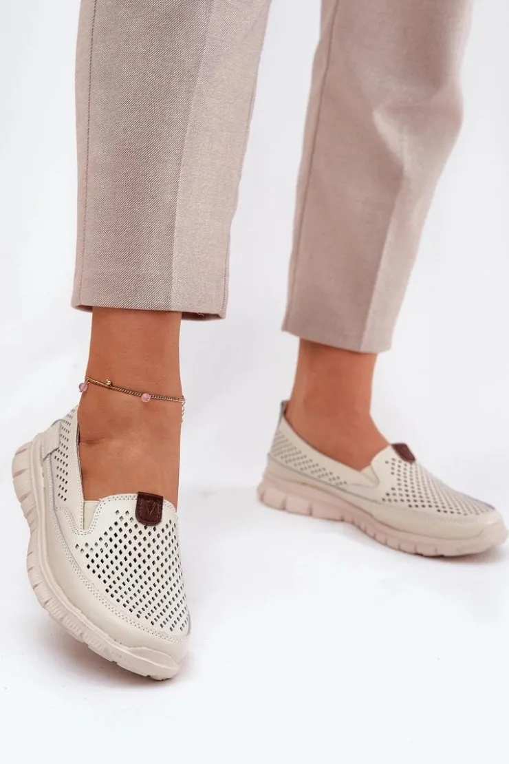 Damskie Buty damskie Vinceza Ażurowe Baleriny Ze Skóry Naturalnej Vinceza 95336 Beżowe