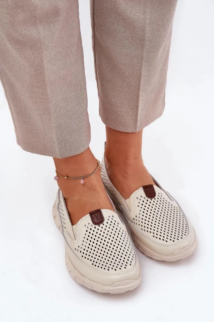 Damskie Buty damskie Vinceza Ażurowe Baleriny Ze Skóry Naturalnej Vinceza 95336 Beżowe