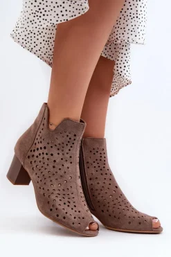 Damskie Boto Ażurowe Botki Damskie Eko Zamszowe Na Słupku Z Odkrytymi Palcami Brązowe Halania
