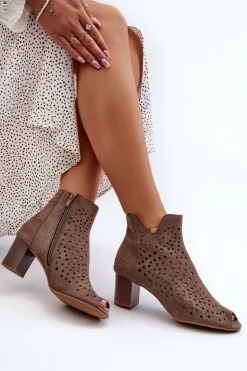 Damskie Boto Ażurowe Botki Damskie Eko Zamszowe Na Słupku Z Odkrytymi Palcami Brązowe Halania