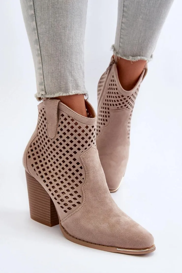 Damskie Boto Ażurowe Botki Damskie Eko Zamszowe Na Słupku Beżowe Stardara
