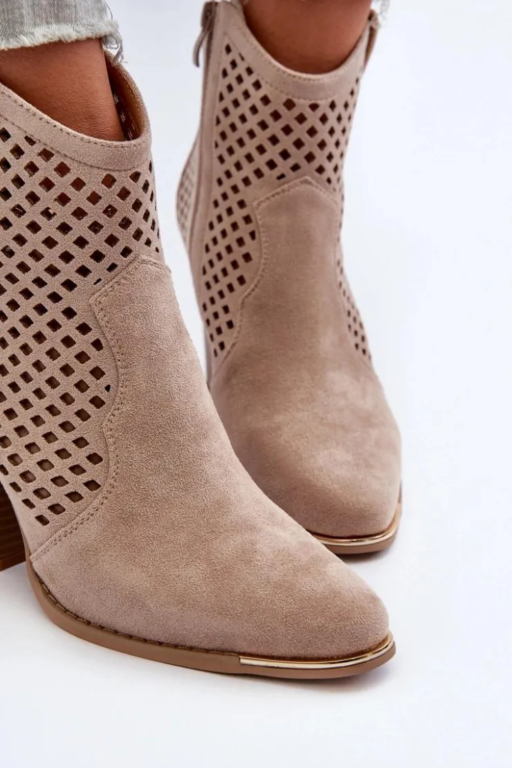 Damskie Boto Ażurowe Botki Damskie Eko Zamszowe Na Słupku Beżowe Stardara
