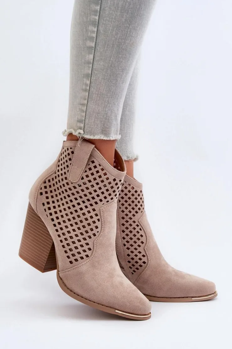 Damskie Boto Ażurowe Botki Damskie Eko Zamszowe Na Słupku Beżowe Stardara