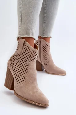 Damskie Boto Ażurowe Botki Damskie Eko Zamszowe Na Słupku Beżowe Stardara