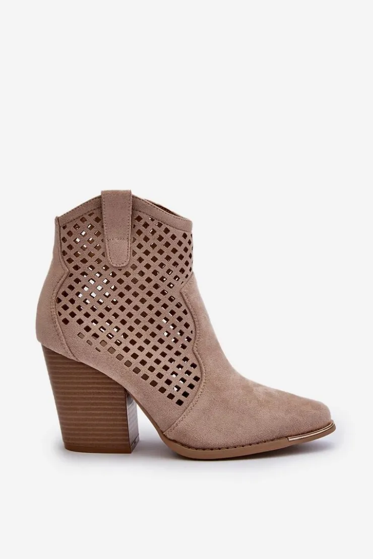 Damskie Boto Ażurowe Botki Damskie Eko Zamszowe Na Słupku Beżowe Stardara