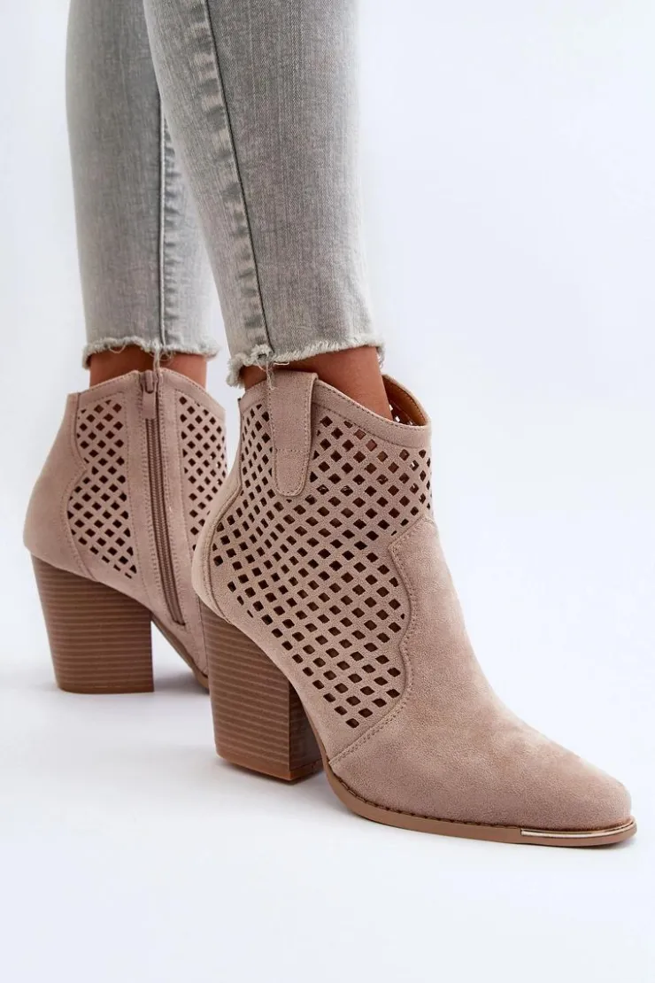 Damskie Boto Ażurowe Botki Damskie Eko Zamszowe Na Słupku Beżowe Stardara