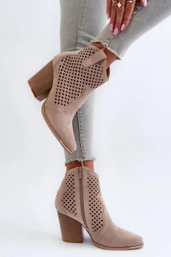 Damskie Boto Ażurowe Botki Damskie Eko Zamszowe Na Słupku Beżowe Stardara