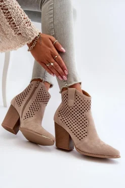 Damskie Boto Ażurowe Botki Damskie Eko Zamszowe Na Słupku Beżowe Stardara