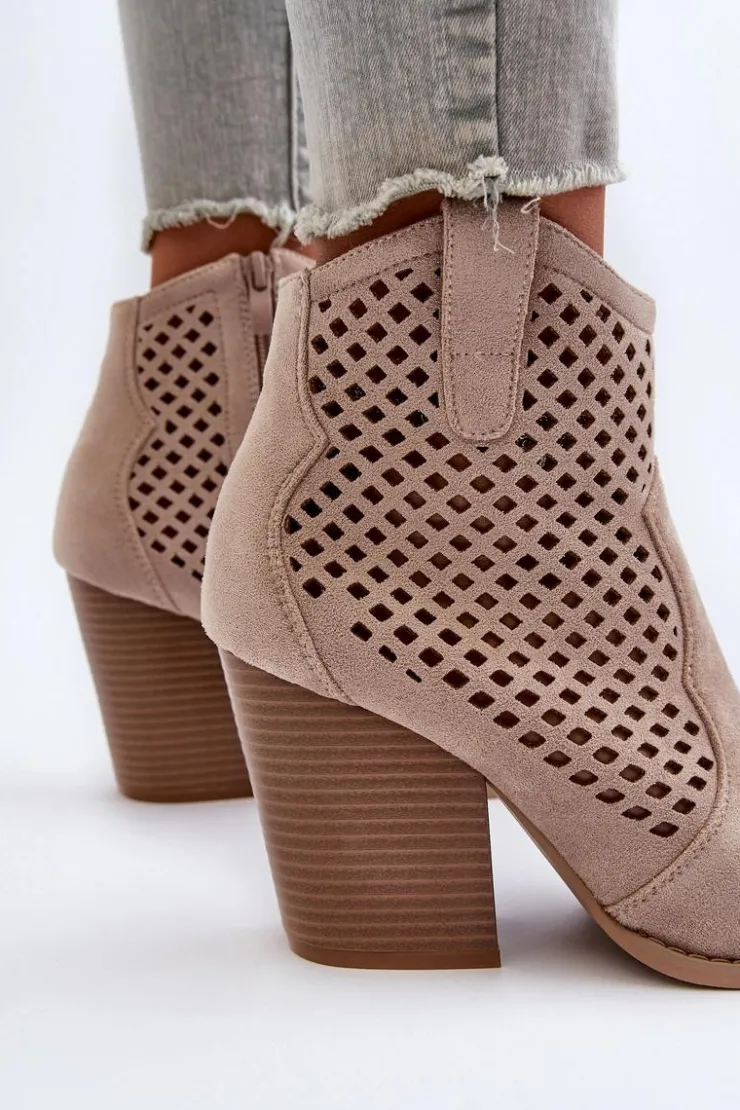 Damskie Boto Ażurowe Botki Damskie Eko Zamszowe Na Słupku Beżowe Stardara