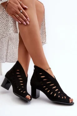 Damskie Boto Ażurowe Botki Damskie Eko Zamszowe Na Słupku Z Odkrytymi Palcami Czarne Timalre