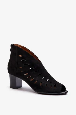 Damskie Boto Ażurowe Botki Damskie Eko Zamszowe Na Słupku Z Odkrytymi Palcami Czarne Timalre