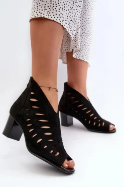 Damskie Boto Ażurowe Botki Damskie Eko Zamszowe Na Słupku Z Odkrytymi Palcami Czarne Timalre