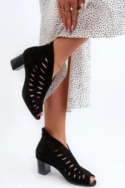 Damskie Boto Ażurowe Botki Damskie Eko Zamszowe Na Słupku Z Odkrytymi Palcami Czarne Timalre