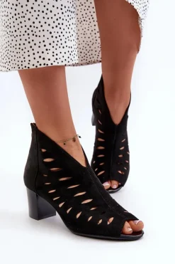 Damskie Boto Ażurowe Botki Damskie Eko Zamszowe Na Słupku Z Odkrytymi Palcami Czarne Timalre