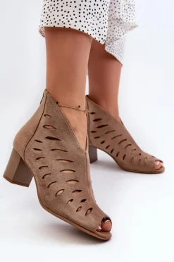 Boto Botki Wiosenne|Botki Ażurowe*Ażurowe Botki Damskie Eko Zamszowe Na Słupku Z Odkrytymi Palcami Beżowe Timalre