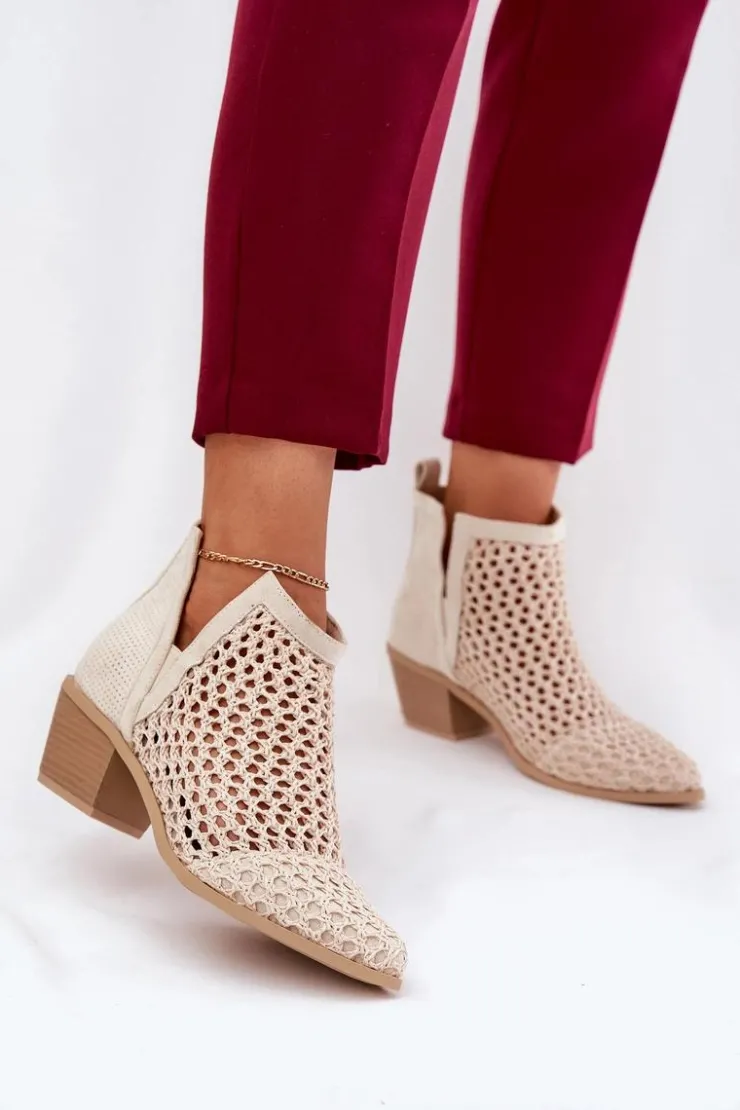Sale Boto Ażurowe Botki Damskie Na Obcasie Z Wycięciami I Plecionką Jasnobeżowe Tulifedi
