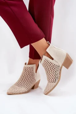 Sale Boto Ażurowe Botki Damskie Na Obcasie Z Wycięciami I Plecionką Jasnobeżowe Tulifedi