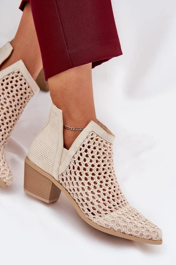 Sale Boto Ażurowe Botki Damskie Na Obcasie Z Wycięciami I Plecionką Jasnobeżowe Tulifedi