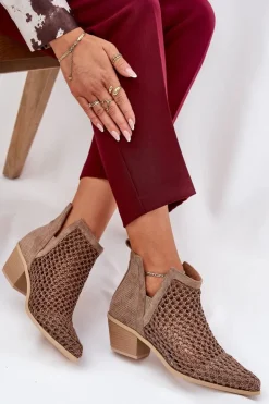 Boto Botki Wiosenne|Botki Na Słupku*Ażurowe Botki Damskie Na Obcasie Z Wycięciami I Plecionką Khaki Tulifedi