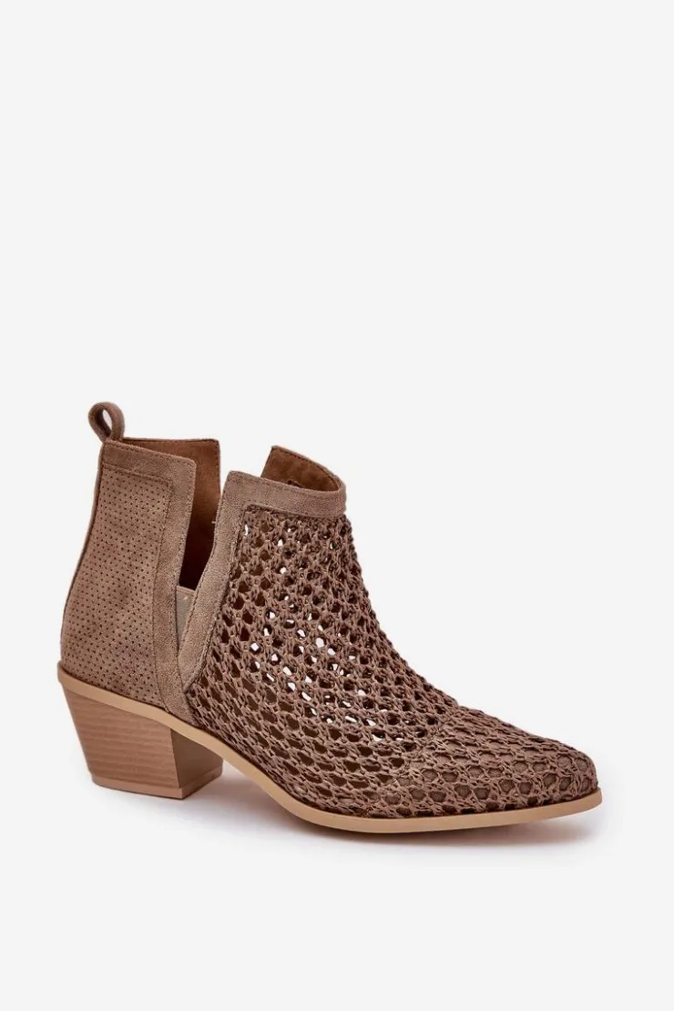 Boto Botki Wiosenne|Botki Na Słupku*Ażurowe Botki Damskie Na Obcasie Z Wycięciami I Plecionką Khaki Tulifedi