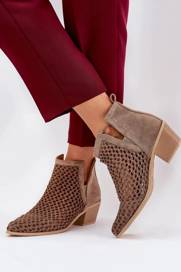 Boto Botki Wiosenne|Botki Na Słupku*Ażurowe Botki Damskie Na Obcasie Z Wycięciami I Plecionką Khaki Tulifedi
