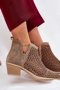 Boto Botki Wiosenne|Botki Na Słupku*Ażurowe Botki Damskie Na Obcasie Z Wycięciami I Plecionką Khaki Tulifedi