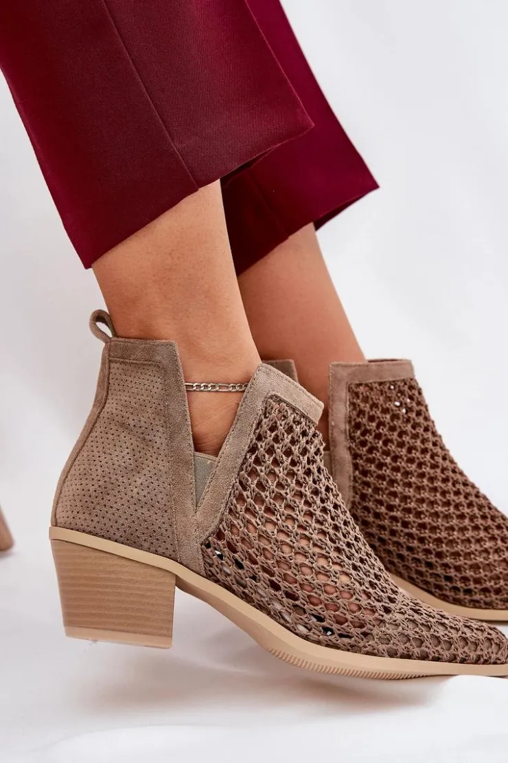 Boto Botki Wiosenne|Botki Na Słupku*Ażurowe Botki Damskie Na Obcasie Z Wycięciami I Plecionką Khaki Tulifedi