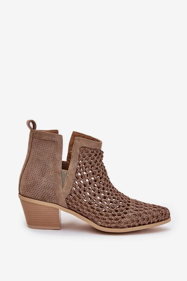 Boto Botki Wiosenne|Botki Na Słupku*Ażurowe Botki Damskie Na Obcasie Z Wycięciami I Plecionką Khaki Tulifedi