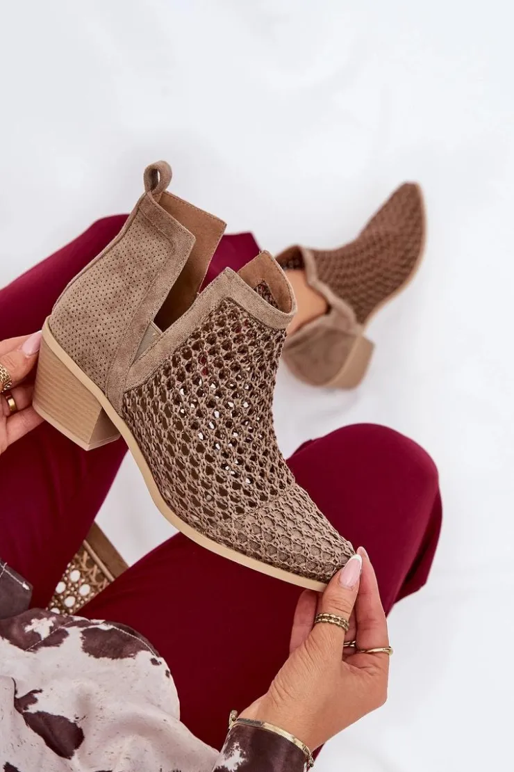 Boto Botki Wiosenne|Botki Na Słupku*Ażurowe Botki Damskie Na Obcasie Z Wycięciami I Plecionką Khaki Tulifedi