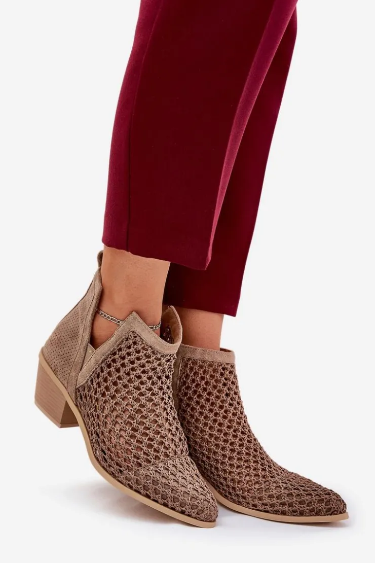 Boto Botki Wiosenne|Botki Na Słupku*Ażurowe Botki Damskie Na Obcasie Z Wycięciami I Plecionką Khaki Tulifedi