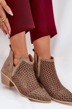 Boto Botki Wiosenne|Botki Na Słupku*Ażurowe Botki Damskie Na Obcasie Z Wycięciami I Plecionką Khaki Tulifedi