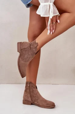 Damskie buty S.Barski Ażurowe Botki Damskie Na Płaskim Obcasie Brązowe S.Barski HY42-151