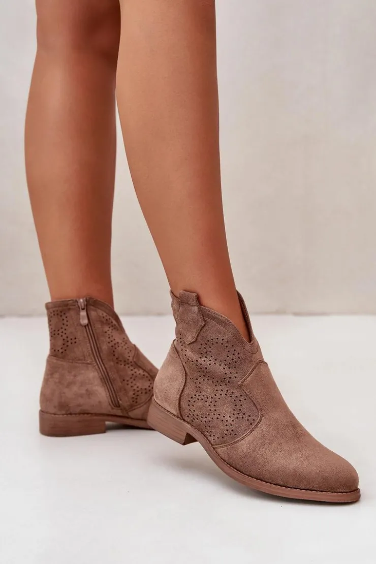 Damskie buty S.Barski Ażurowe Botki Damskie Na Płaskim Obcasie Brązowe S.Barski HY42-151