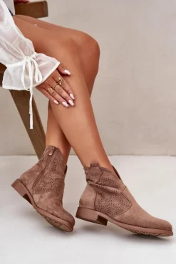 Damskie buty S.Barski Ażurowe Botki Damskie Na Płaskim Obcasie Brązowe S.Barski HY42-151