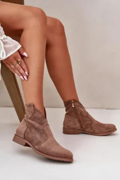 Damskie buty S.Barski Ażurowe Botki Damskie Na Płaskim Obcasie Brązowe S.Barski HY42-151