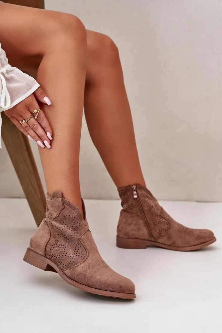 Damskie buty S.Barski Ażurowe Botki Damskie Na Płaskim Obcasie Brązowe S.Barski HY42-151