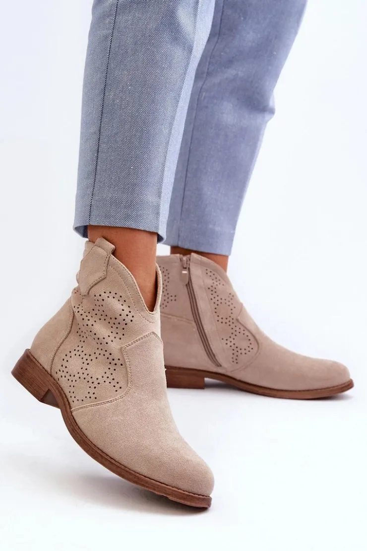 Damskie Damskie buty S.Barski Ażurowe Botki Damskie Na Płaskim Obcasie Jasnobeżowe S.Barski HY66-151