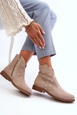 Damskie Damskie buty S.Barski Ażurowe Botki Damskie Na Płaskim Obcasie Jasnobeżowe S.Barski HY66-151