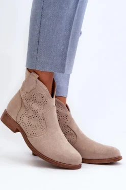 Damskie Damskie buty S.Barski Ażurowe Botki Damskie Na Płaskim Obcasie Jasnobeżowe S.Barski HY66-151