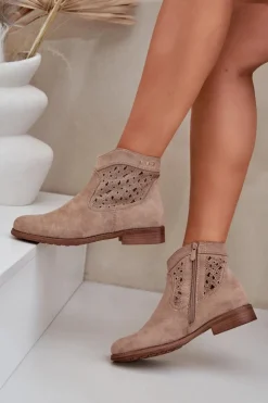 Damskie buty S.Barski Botki Ażurowe|Botki Płaskie*Ażurowe Botki Damskie Na Płaskim Obcasie S.Barski HY51-113 Beżowe